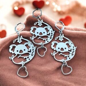 🆕 Koala Bear Laser Etched Necklace and Earrings Set Stainless Steel